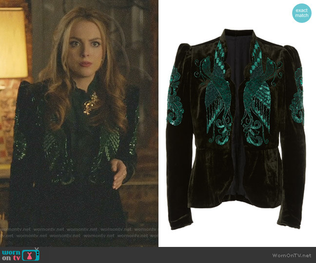 Phoenix Beaded Velvet Jacket by Anna Sui worn by Fallon Carrington (Elizabeth Gillies) on Dynasty