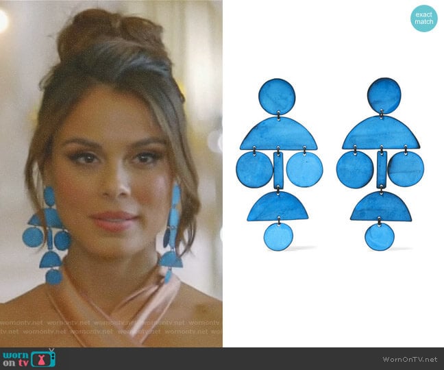 Pompom oxidized earrings by Annie Costello Brown worn by Cristal Flores (Nathalie Kelley) on Dynasty