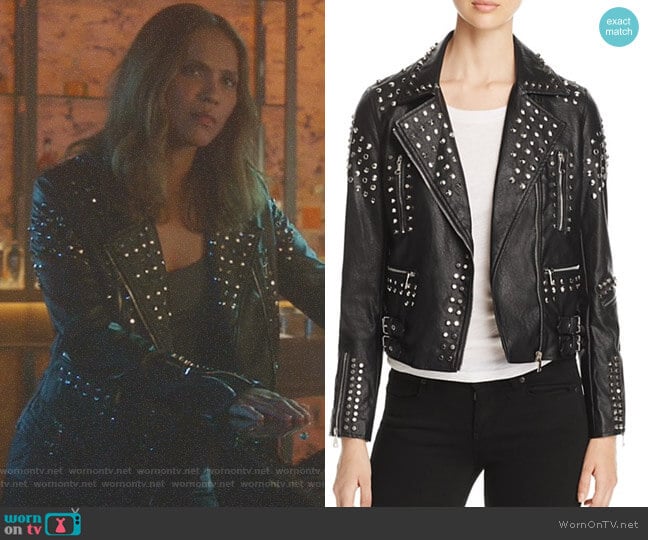 Studded Faux-Leather Moto Jacket by Aqua worn by Mazikeen (Lesley-Ann Brandt) on Lucifer