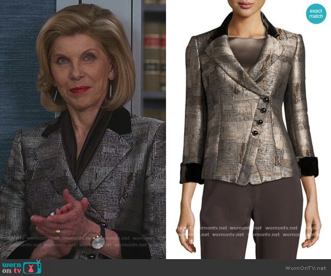 Armani Collezioni Jacquard Asymmetric-Button Jacket worn by Diane Lockhart (Christine Baranski) on The Good Fight