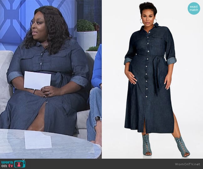 Button Front Denim Maxi Dress by Ashley Stewart worn by Loni Love on The Real