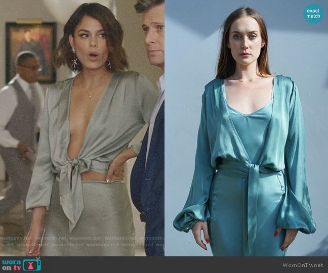 Wind Green Two Tie Blouse by Awaveawake worn by Cristal Flores (Nathalie Kelley) on Dynasty