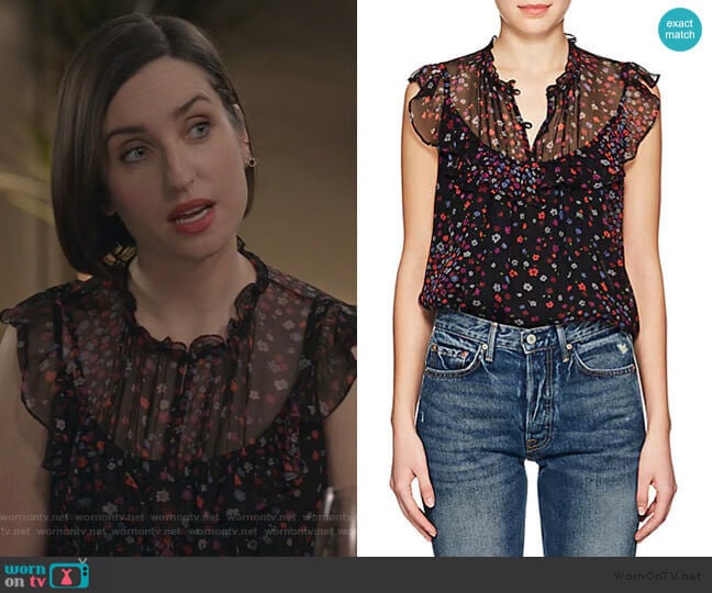 Jen’s black floral ruffle top on Life in Pieces