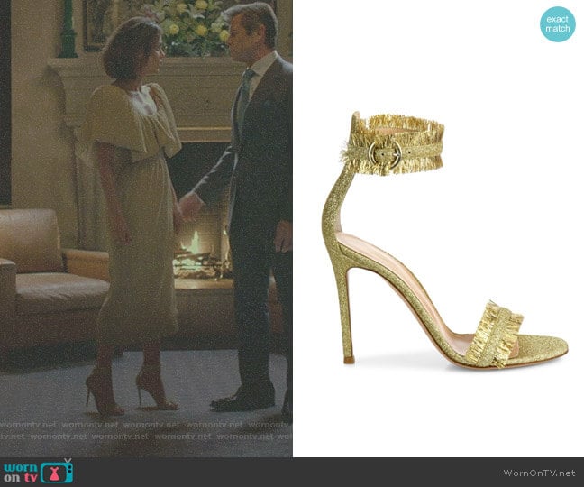 'Caribe' Tinsel Ankle-Strap Sandals by Gianvito Rossi worn by Cristal Flores (Nathalie Kelley) on Dynasty