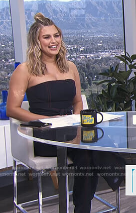 Carissa’s navy strapless jumpsuit with red stitching on E! News Daily Pop