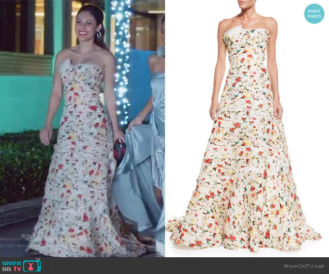 Strapless Layered Floral-Print Gown by Carolina Herrera worn by Ana Torres (Francia Raisa) on Grown-ish