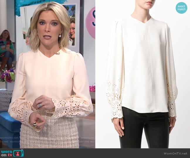 WornOnTV: Megyn’s off-white laser cut sleeve blouse and beige tweed ...