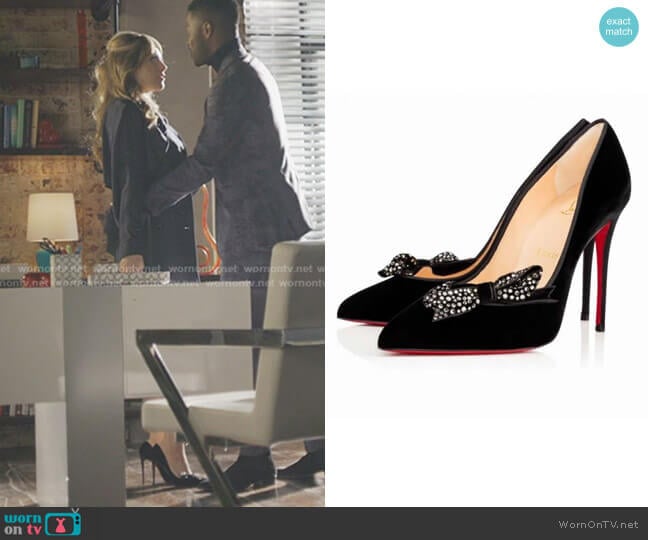 'Madame Menule' Embellished Bow Pointy Toe Pump by Christian Louboutin worn by Fallon Carrington (Elizabeth Gillies) on Dynasty