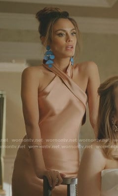 Cristal's pink cross neck gown and blue statement earrings on Dynasty