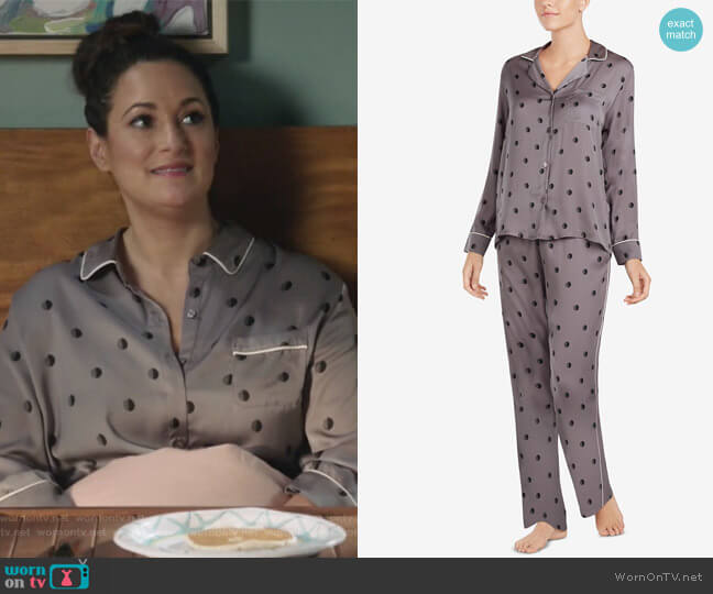 Contrast-Trim Printed Pajama Set by DKNY worn by Colleen Brandon-Ortega (Angelique Cabral) on Life in Pieces