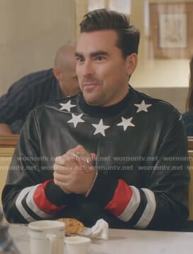 David's black star print leather sweatshirt on Schitt's Creek