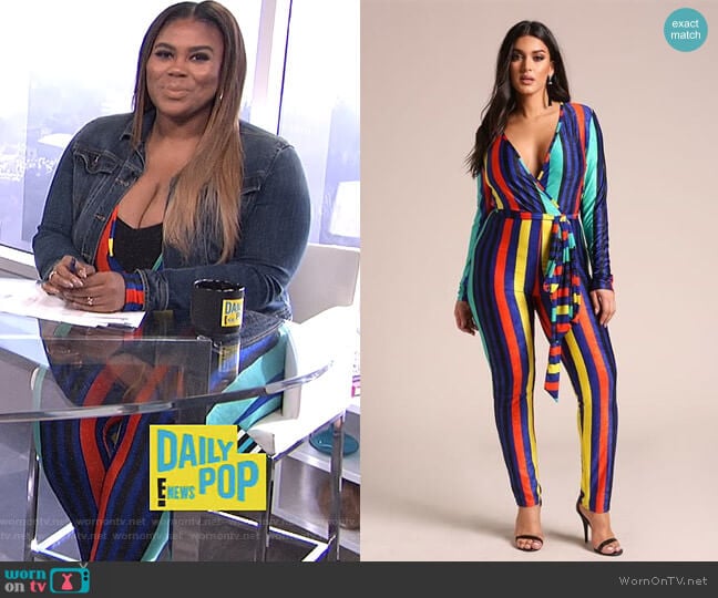 Plus Size Stripe Color Block Plunge Jumpsuit by Deb Shops worn by Nina Parker on E! News