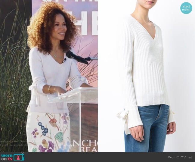 V-Neck Sweater with Tie Sleeve Detail by Derek Lam 10 Crosby worn by Lena Adams Foster (Sherri Saum) on The Fosters