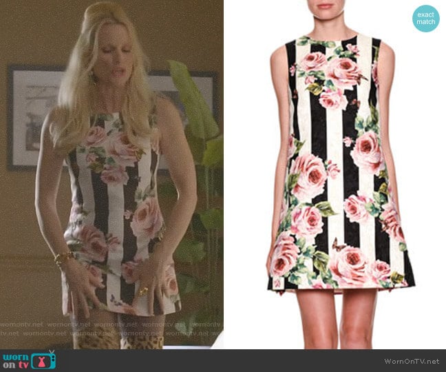 Sleeveless Floral Striped Brocade Dress by Dolce & Gabbana worn by Alexis Carrington (Elaine Hendrix) on Dynasty