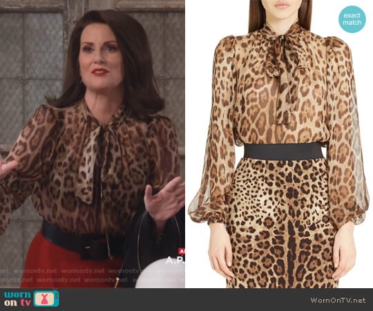 Leopard Print Silk Tie Neck Blouse by Dolce & Gabbana worn by Karen Walker (Megan Mullally) on Will and Grace