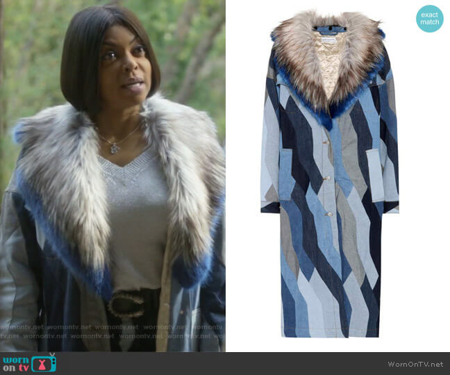 Faux fur-trimmed denim coat by Dries Van Noten worn by Cookie Lyon (Taraji P. Henson) on Empire