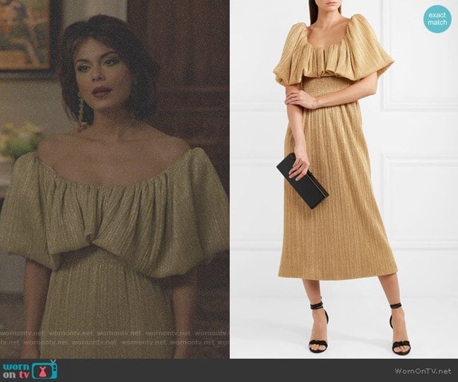 Metallic Plissé-Jersey Midi Dress by Emilia Wickstead worn by Cristal Flores (Nathalie Kelley) on Dynasty