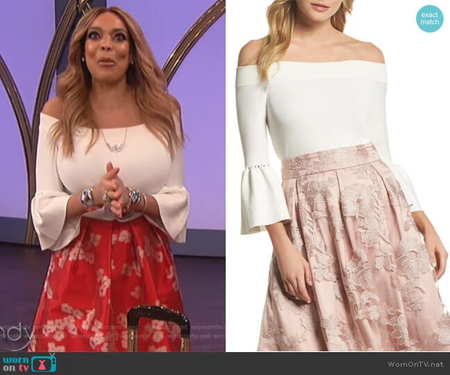 Off the Shoulder Bell Sleeve Top by Eliza J worn by Wendy Williams on The Wendy Williams Show