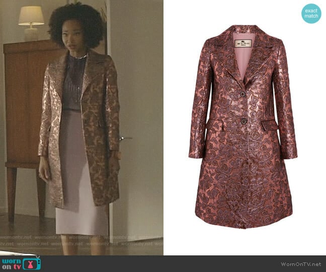 Metallic Wool-Blend Jacquard Coat by Etro worn by Monica Colby (Wakeema Hollis) on Dynasty