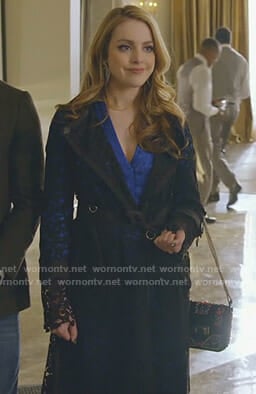 Fallon’s black lace trench coat on Dynasty