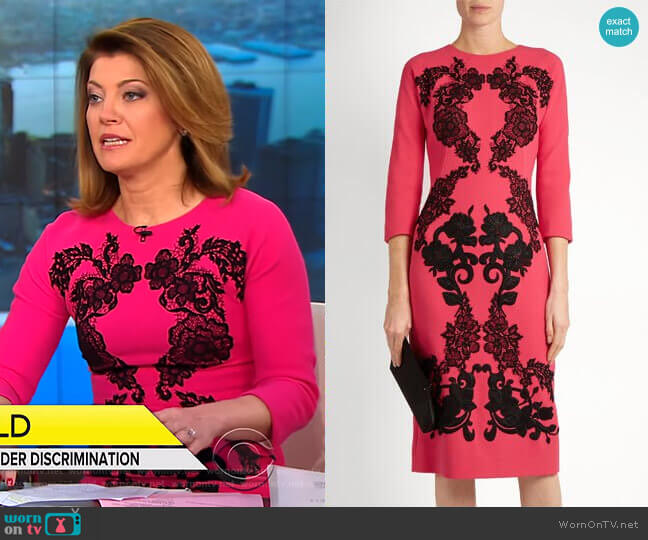 Floral Applique Wool Crepe Dress by Dolce & Gabbana worn by Norah O'Donnell on CBS Mornings