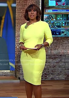 Gayle’s yellow asymmetric neckline dress on CBS Mornings