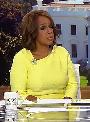 Gayle’s yellow asymmetric neckline dress on CBS Mornings