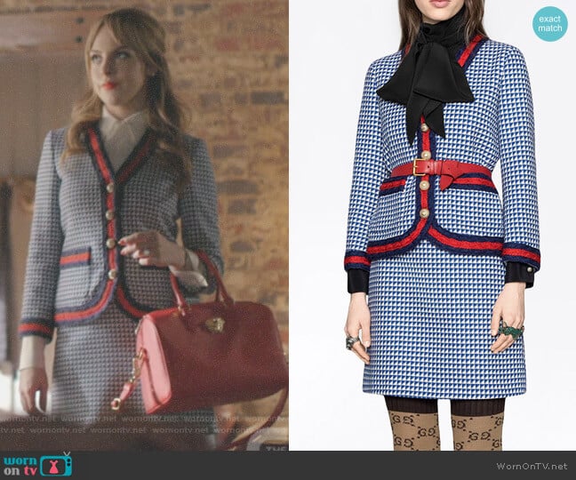 Contrast-Trim Tweed Jacket and Wool Skirt with Web Stripeby Gucci worn by Fallon Carrington (Elizabeth Gillies) on Dynasty