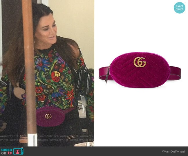 GG Marmont Matelassé Velvet Belt Bag by Gucci worn by Kyle Richards on The Real Housewives of Beverly Hills