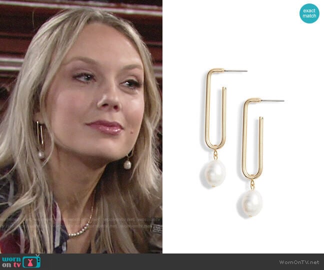 Halogen Pearl Geo Hoop Drop Earrings worn by Abby Newman (Melissa Ordway) on The Young & the Restless