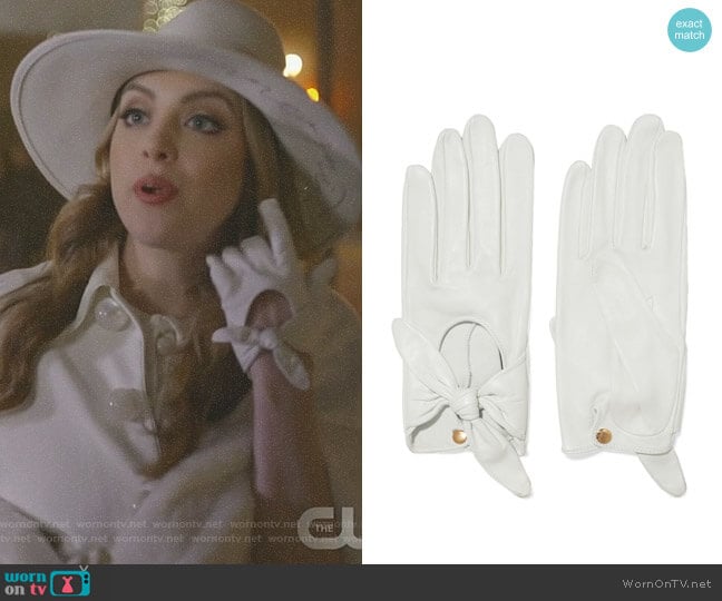 Helena bow-embellished leather gloves by Causse Gantier worn by Fallon Carrington (Elizabeth Gillies) on Dynasty