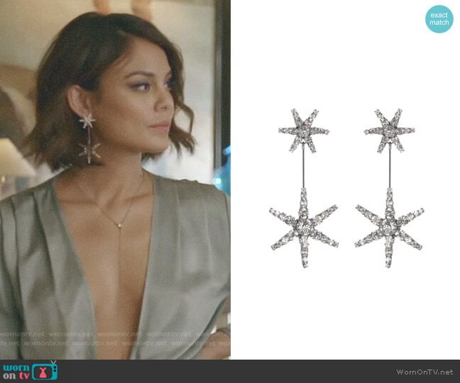 Starburst crystal earrings by Jennifer Behr worn by Cristal Flores (Nathalie Kelley) on Dynasty