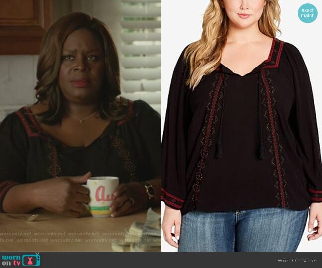 Plus Size Rogan Embellished Peasant Top by Jessica Simpson worn by Ruby Hill (Retta) on Good Girls