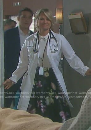 Kayla’s white embellished collar top and floral skirt on Days of our Lives