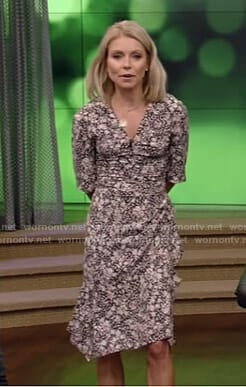 Kelly’s black printed v-neck dress on Live with Kelly and Ryan