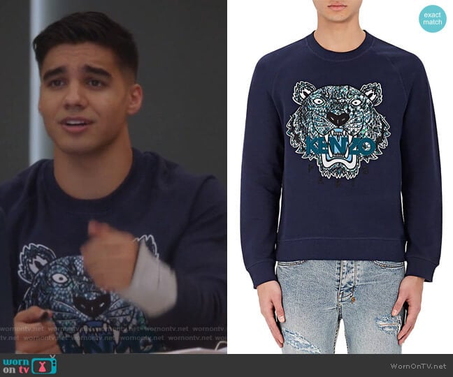 Tiger-Embroidered French Terry Sweatshirt by Kenzo worn by Vivek Shah (Jordan Buhat) on Grown-ish