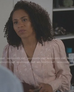 Maggie’s pink floral jacquard blouse on Grey’s Anatomy