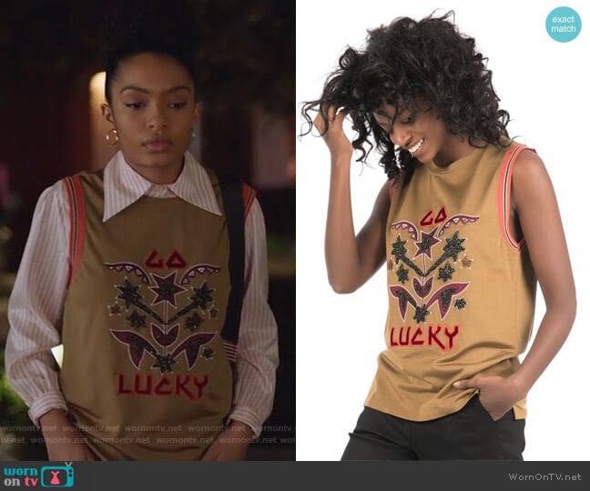 Artwork Tank Top by Maison Scotch worn by Zoey Johnson (Yara Shahidi) on Grown-ish