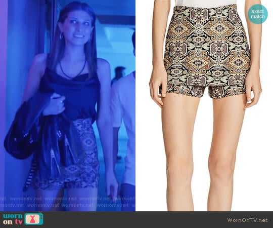 Ilio Front-Overlay Tapestry-Inspired Jacquard Mini Shorts by Maje worn by Nomi Segal (Emily Arlook) on Grown-ish