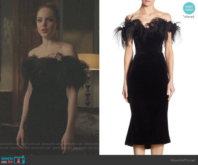 ff-The-Shoulder Velvet Dress by Marchesa worn by Fallon Carrington (Elizabeth Gillies) on Dynasty