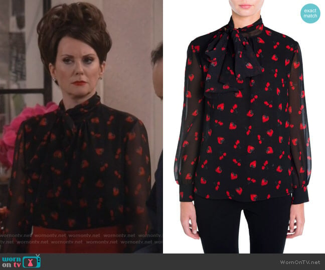 Strawberry & Cherry Print Tie-Neck Blouse by Miu Miu worn by Karen Walker (Megan Mullally) on Will and Grace