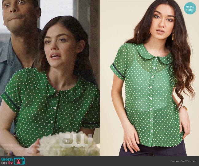 ModCloth Darling in Dots Button-Up Top in Clover worn by Stella Abbott (Lucy Hale) on Life Sentence