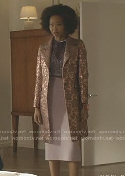 Monica’s metallic jacquard coat on Dynasty