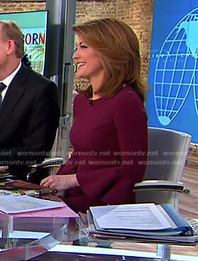 Norah’s burgundy bell sleeve dress and fan earrings on CBS This Morning