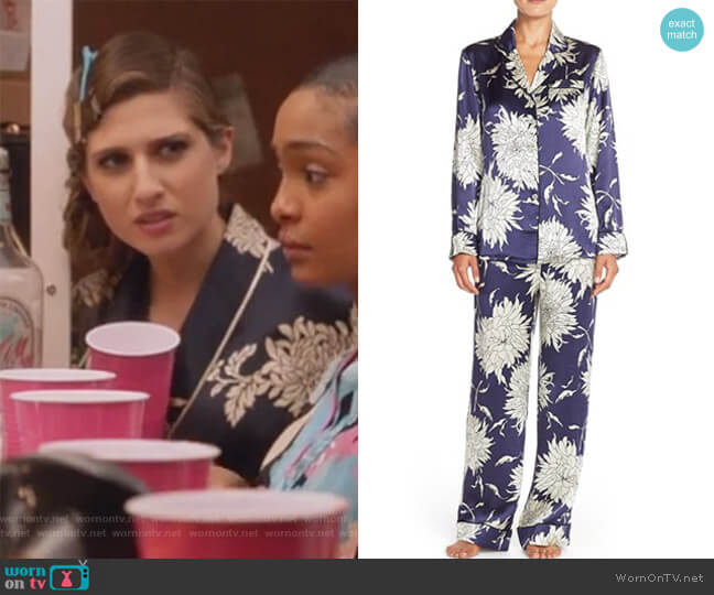 Lila Grace floral-print silk-satin pajama set by Olivia von Halle worn by Nomi Segal (Emily Arlook) on Grown-ish