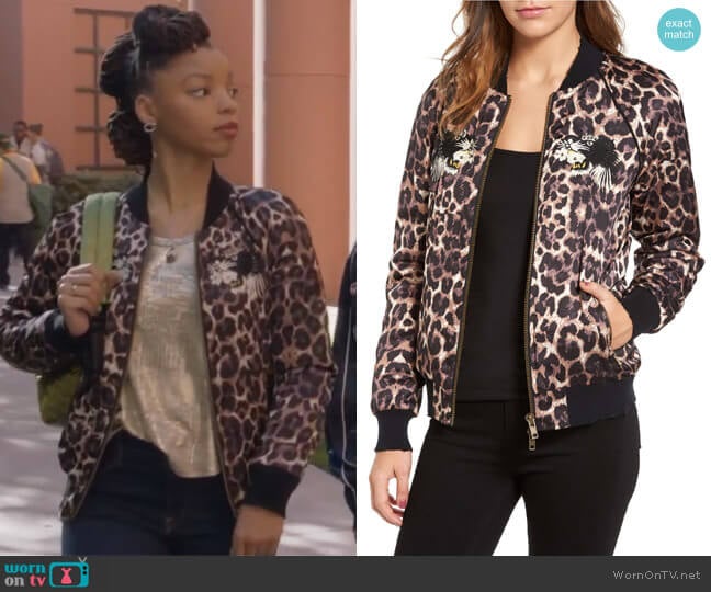 Embellished Bomber Jacket by Pam & Gela worn by Jazlyn Forster (Chloe Bailey) on Grown-ish