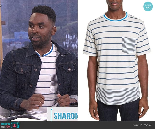 WornOnTV: Justin’s white mixed striped t-shirt on E! News Daily Pop ...