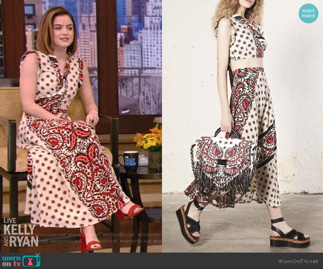 Bandana Print Poplin Crop Top and Printed Silk Midi Skirt by Red Valentino worn by Lucy Hale on Live with Kelly and Ryan