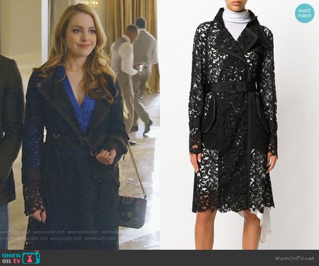 Sheer Lace Trench Coat by Sacai worn by Fallon Carrington (Elizabeth Gillies) on Dynasty