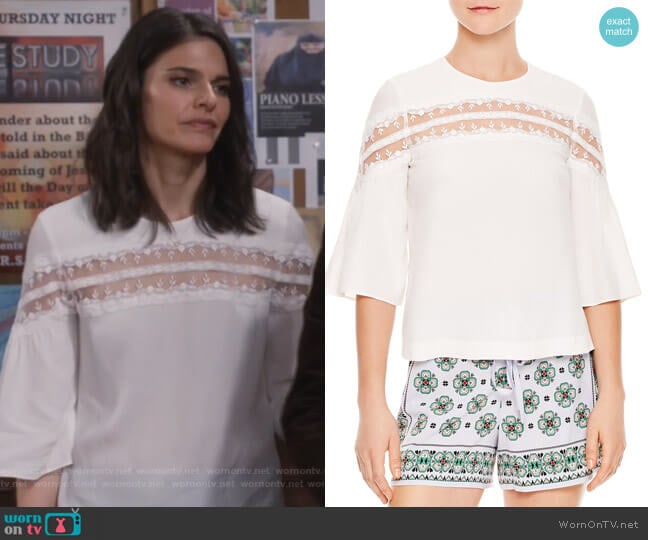 Adina Mesh-Inset Top by Sandro worn by Leslie Curry (Lindsey Kraft) on Living Biblically